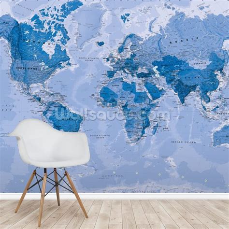 World Map Blue Wall Mural Wallsauce Au