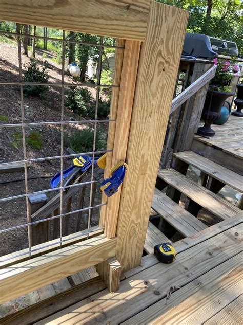 Whether a wood deck railing or a metal deck railing fit your when finished, lightly tap the top rail down in place via your fist or a rubber mallet. DIY Hog Wire Deck Railing | Wire deck railing, Deck railings, Deck railing diy