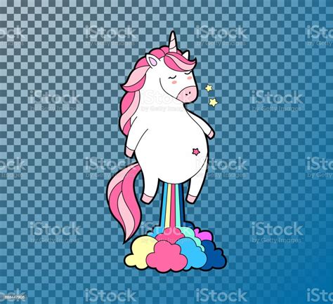Cute Fat Unicorn Farting Rainbow Unicorn Isolated Vector Icon Stock