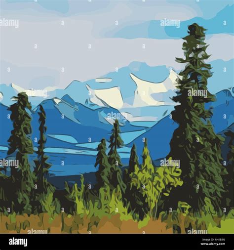 Alpine Landscape With Forest Plain Color Sketch Vector Illustration
