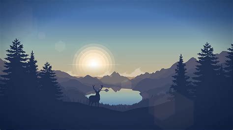 Lake Surrounded By Mountains Graphic Wallpaper Landscape Deer Sun