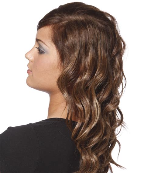 Long Wavy Brunette Hairstyle With Side Swept Bangs