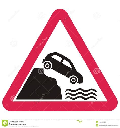 Warning Traffic Signs Car Falling From The Slope Into The Water Stock
