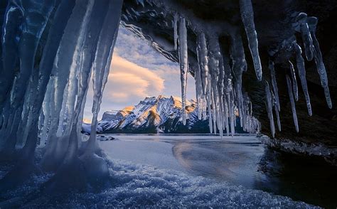 氷の破片、 洞窟、 氷、 山、 冬、 雪のピーク、 湖、 バンフ国立公園、 カナダ、 自然、 風景、 空、 つらら、 雪、 Hdデスクトップの