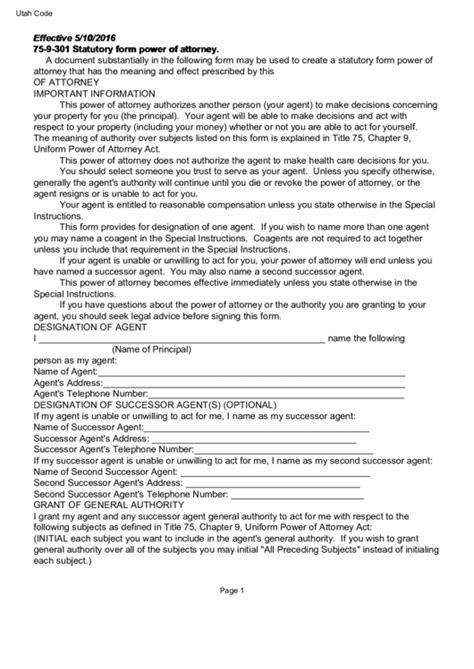Statutory Form Power Of Attorney Utah Printable Pdf Download