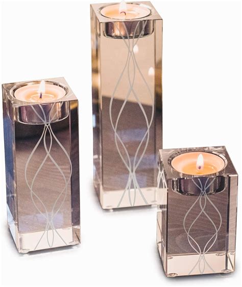 Ovluxe Large Crystal Candle Holders Set Of 3 Engraved Square Glass