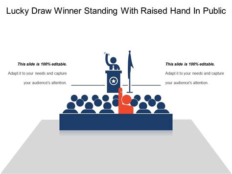Lucky Draw Winner Standing With Raised Hand In Public Powerpoint