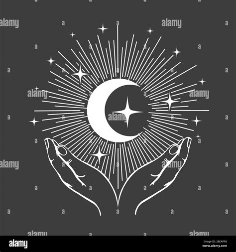 Hands Holding Crescent Moon Hand Drawn Esoteric Moon Magical Symbol