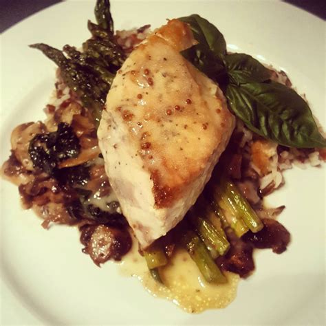 Pan Seared Amber Jack With Wild Rice Asparagus And A Dijon Veloute