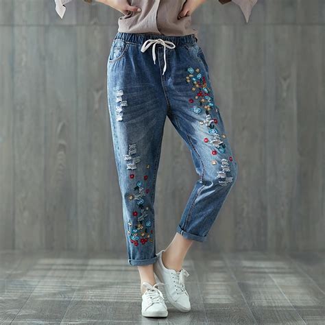 Vintage Retro Embroidery Large Size Loose Elastic Waist Jeans Blue Denim Ankle Length Pants