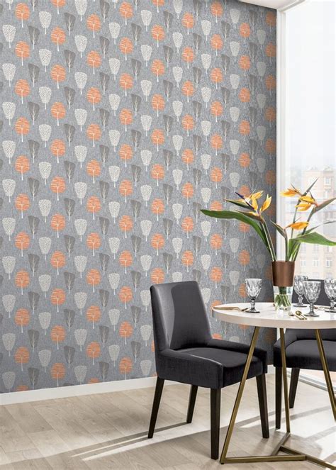 Arthouse Orange Retro Tree Wallpaper 1005m X 53cm Grey In 2021