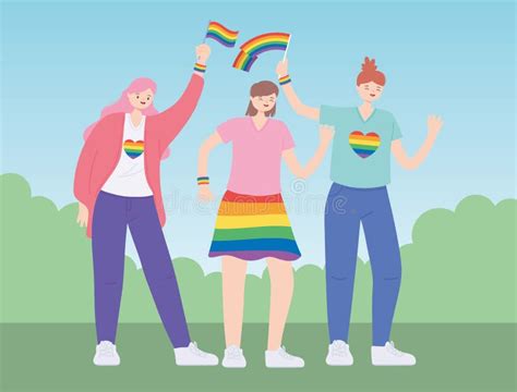 comunidad lgbtq jóvenes mujeres con bandera arco iris marcan desfile gay discriminación sexual