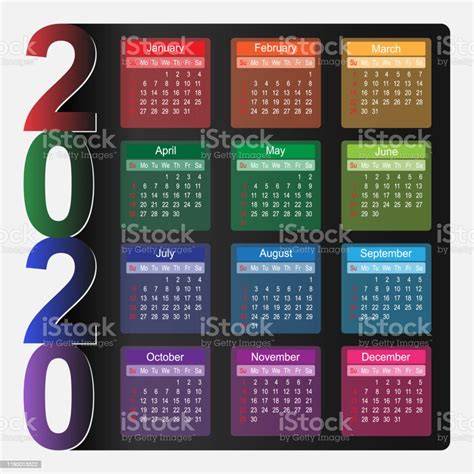 Templat Desain Kalender Warnawarni Tahun 2020 Ilustrasi Stok Unduh