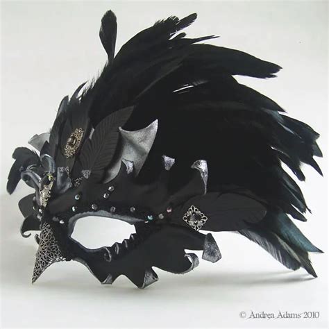 Ornate Leather Raven Mask With Feathered Headdress Beadmask