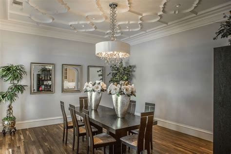 Dining Room With Custom Ceiling Design And Gray Walls Transitional