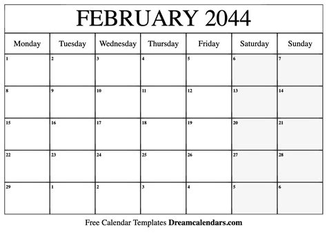 February 2044 Calendar Free Blank Printable With Holidays