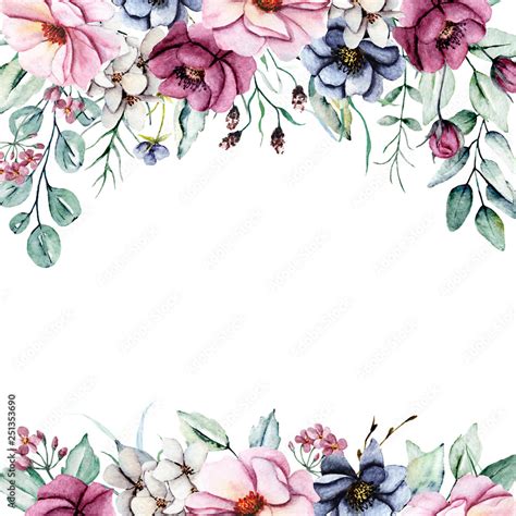 Watercolor Flowers Frame Card With Floral Border Perfectly For A Greeting Wedding Invitation