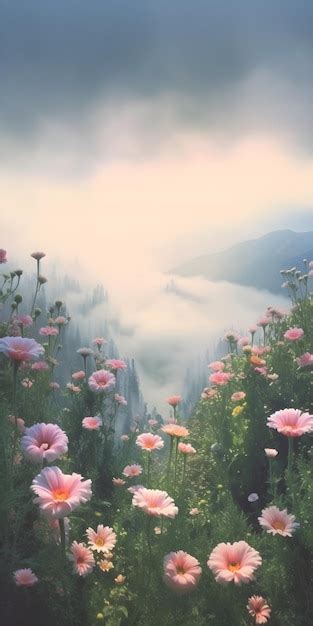 Premium Photo A Flower Field In The Mountains