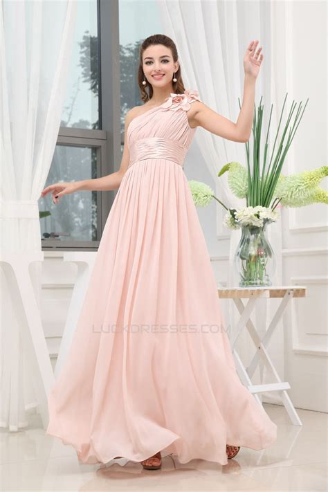 A Line One Shoulder Floor Length Long Pink Chiffon Bridesmaid Dresses