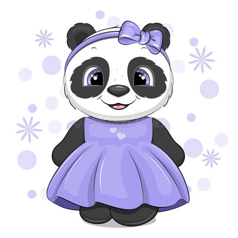 Cute Cartoon Panda Girl Wearing Purple Dress And Hair Bow Stock Vector