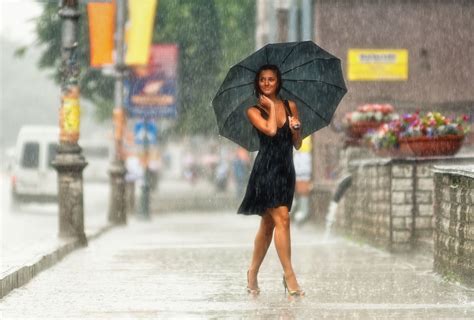 Women Model Brunette Long Hair Women Outdoors Rain Street Black Dress High Heels Umbrella