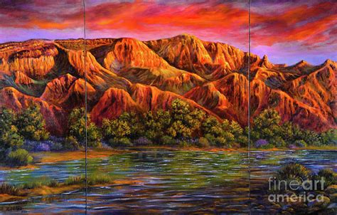 Sandia Mountain Sunset Triptych Painting By Bob Parks