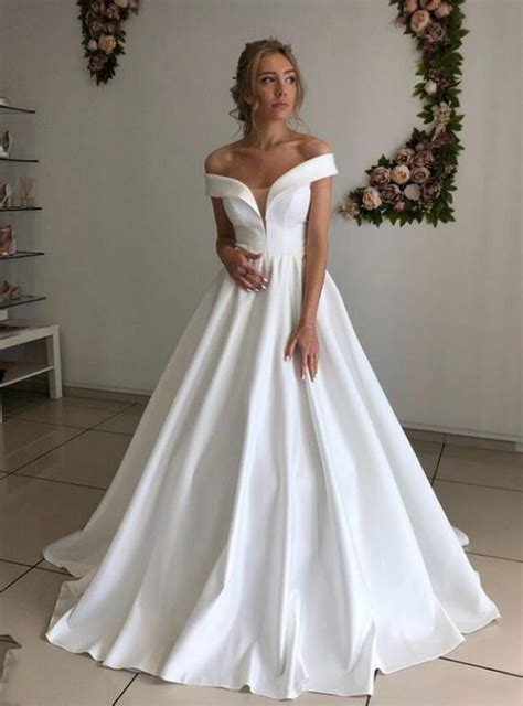 a line white satin off the shoulder formal wedding dress satin bridal gowns short sleeve