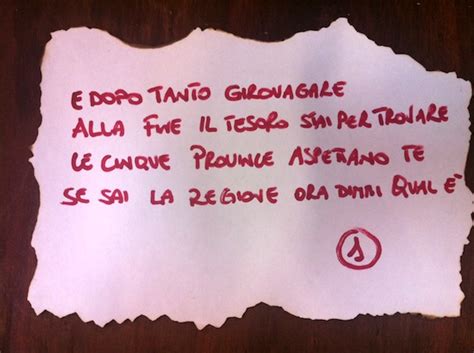 E' ideale per essere giocata da persone adulte in occasione di un compleanno e può essere praticata sia in estate frase indizio: Salone del Gusto 2012: caccia al tesoro. L'epilogo | Dissapore