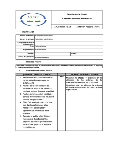 Descripción De Puesto Auditor Interno De Sistemas By Auditoría Y