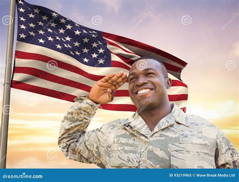 Soldier In Front Of Usa Flag Saluting Stock Image Image Of Banner