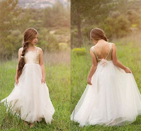 Gold Sequin Junior Bridesmaid Dresses Open Back Flower Waist