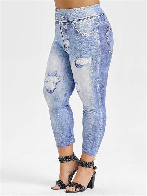 26 OFF 2020 Plus Size Ripped Jeans 3D Print Cropped Leggings In