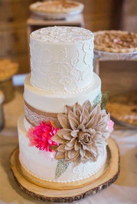 Burlap And Lace Wedding Cake By Rykes Bakery In Muskegon Mi Lace