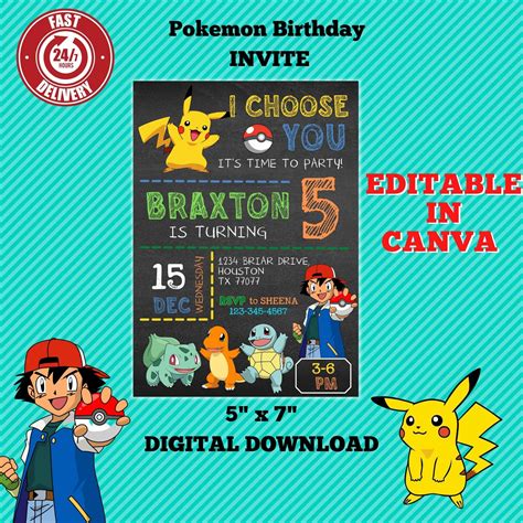 Pokemone Birthday Invitation Digital Editable In Canva Pikachu