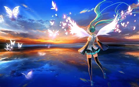 Hatsune Miku Sunset Magic Clouds Sea Lights Twin Tail Anime