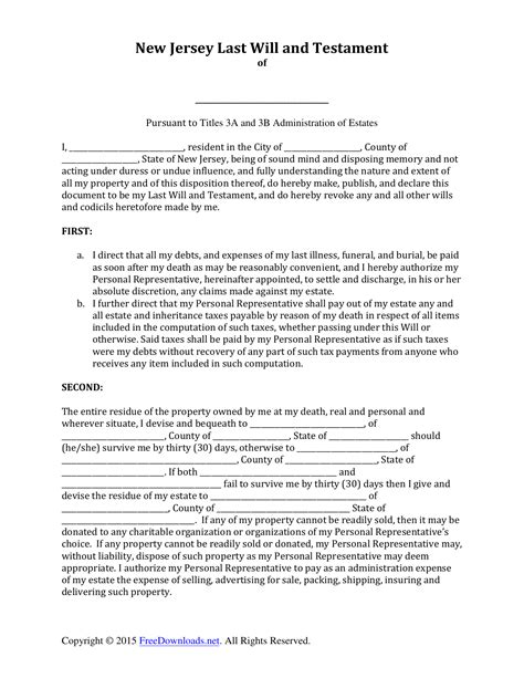 This page has a free example of a printable last will and testament legal form. Download New Jersey Last Will and Testament Form | PDF | RTF | Word | FreeDownloads.net