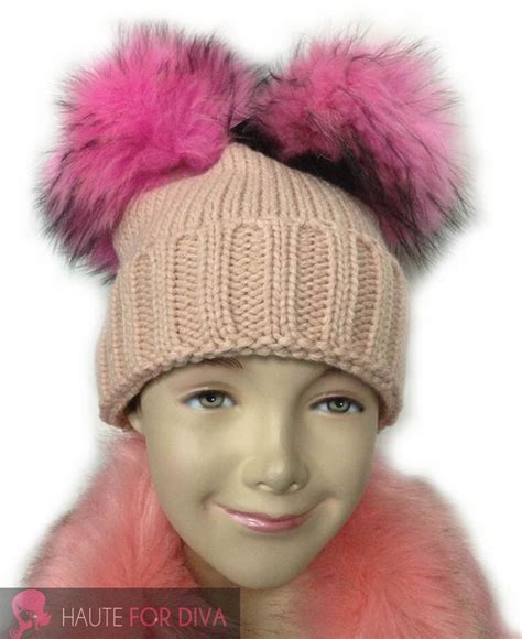 Kids Knitted Beanie Two Real Fur Pom Poms Winter Ski Girls Bobble Hat