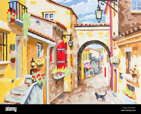 Street Perspective In Old Italian City Art Acrilic Paint Image Stock