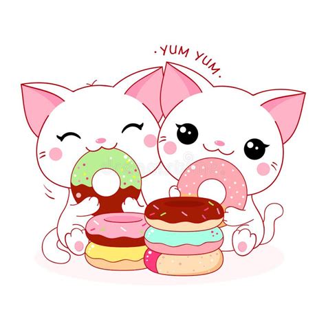 Two Cute White Cats With Donuts Kawaii Little Kitty Are Happy To Eat