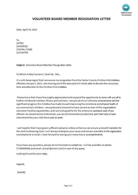 Kostenloses Volunteer Board Member Resignation Letter