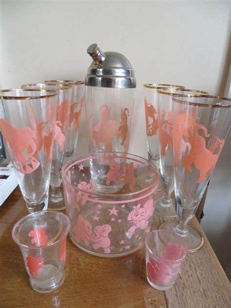 Fantastic Vintage Hazel Atlas Pink Elephant Glass Cocktail Set By