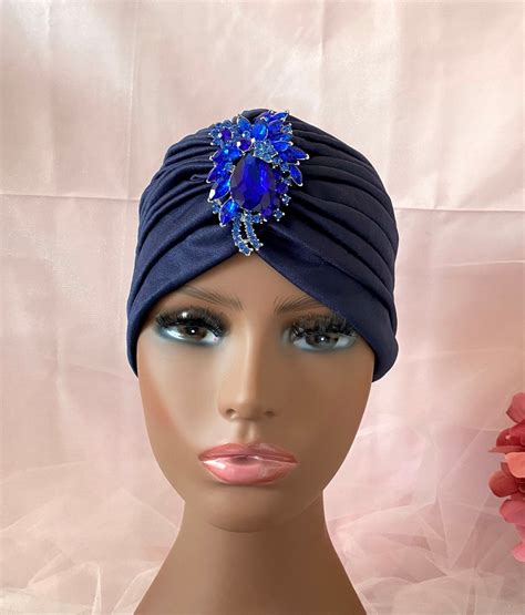 Navy Blue Turban Turban With Brooch Luxury Head Pice Boho Etsy