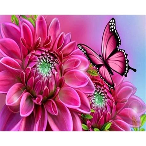5d Diamond Painting Kit Pink Butterfly And Flowers 40x50cm Frd