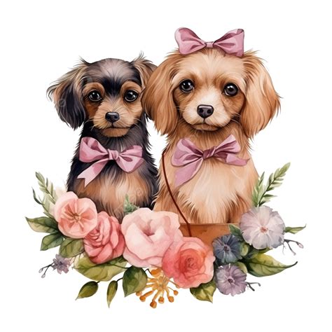 Watercolor Cute Dogs And Flowers Puppy With Fashion Accessories Ai
