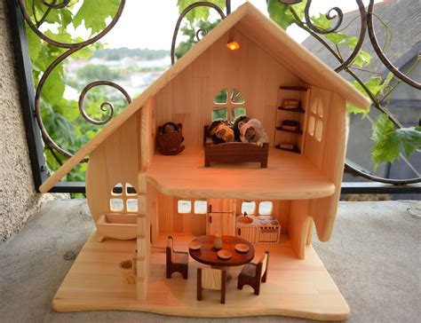Large Pine Wood Dollhouse With Light Dollhouse With Red Wood Etsy