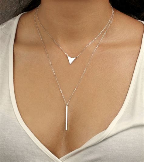 Silver Layered Necklace With Long Skinny Vertical Bar Necklace Layered