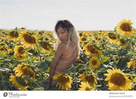 Ethnic Woman With Naked Body Standing In Sunflower Field A Royalty