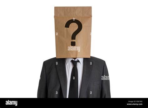 A Man In Suit With A Paper Bag With Question Mark On His Head Isolated