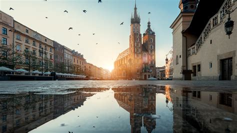 Wallpaper Poland Krakow Street Puddle Water Birds X Uhd K Picture Image