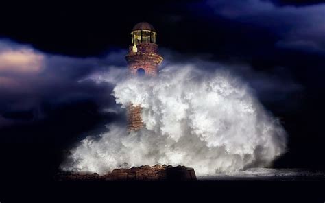 Lighthouse In Rough And Stormy Sea Hd Wallpaper
